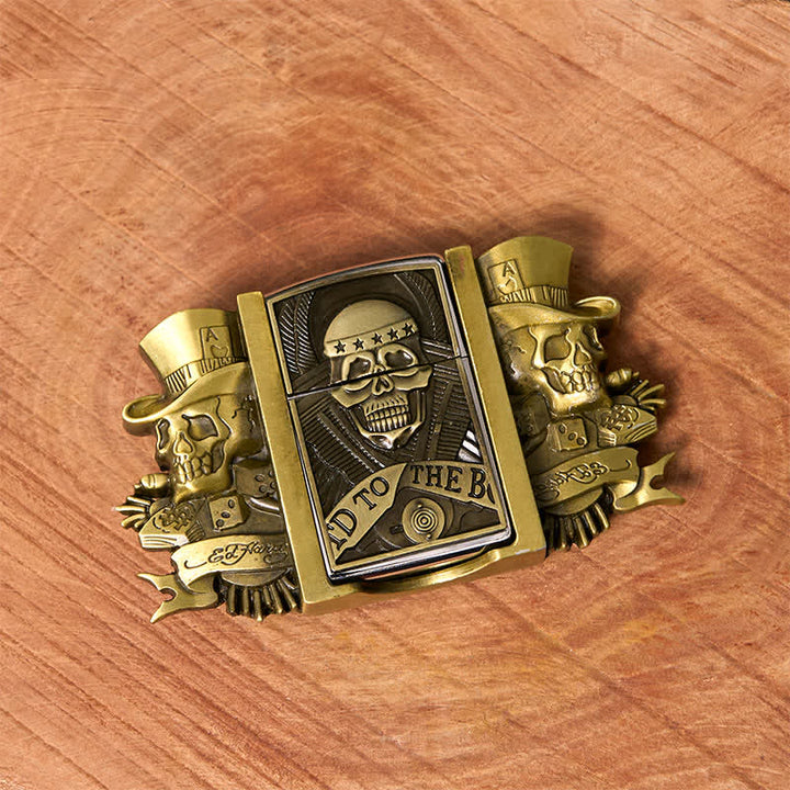 Cinturón de cuero de bronce con tres calaveras Joker para hombre con encendedor oculto