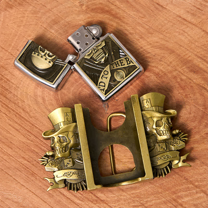 Cinturón de cuero de bronce con tres calaveras Joker para hombre con encendedor oculto