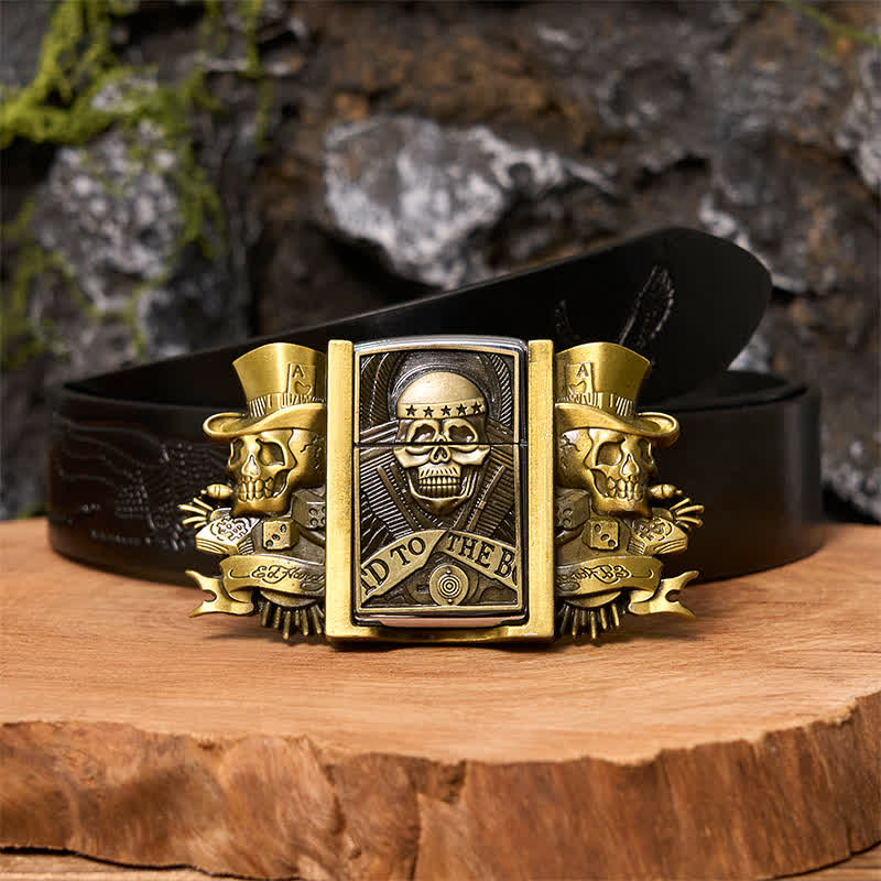 Cinturón de cuero de bronce con tres calaveras Joker para hombre con encendedor oculto