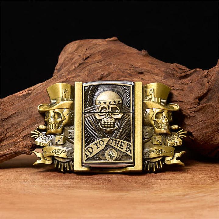 Cinturón de cuero de bronce con tres calaveras Joker para hombre con encendedor oculto