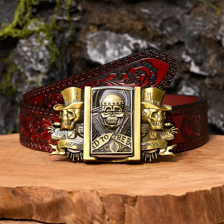 Cinturón de cuero de bronce con tres calaveras Joker para hombre con encendedor oculto