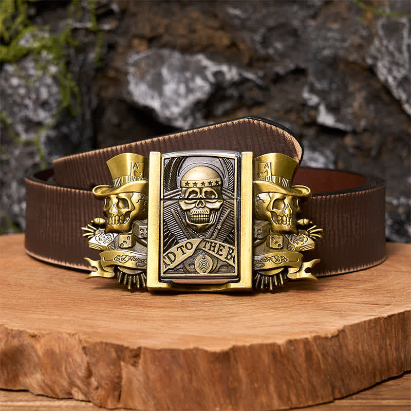 Cinturón de cuero de bronce con tres calaveras Joker para hombre con encendedor oculto