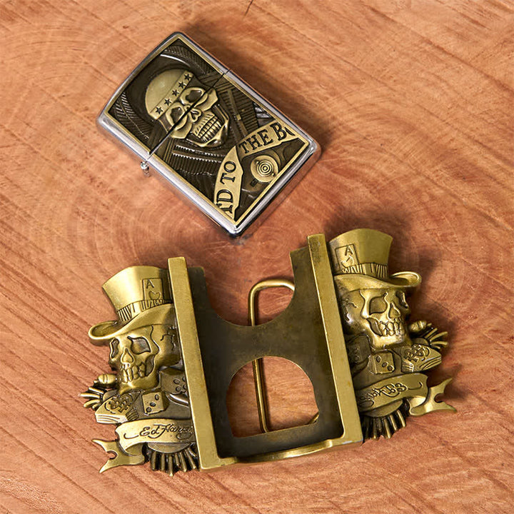 Cinturón de cuero de bronce con tres calaveras Joker para hombre con encendedor oculto