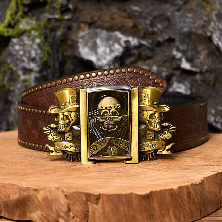 Cinturón de cuero de bronce con tres calaveras Joker para hombre con encendedor oculto