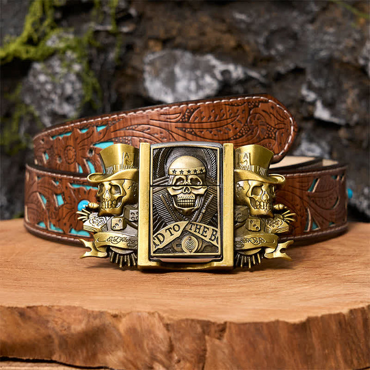 Cinturón de cuero de bronce con tres calaveras Joker para hombre con encendedor oculto