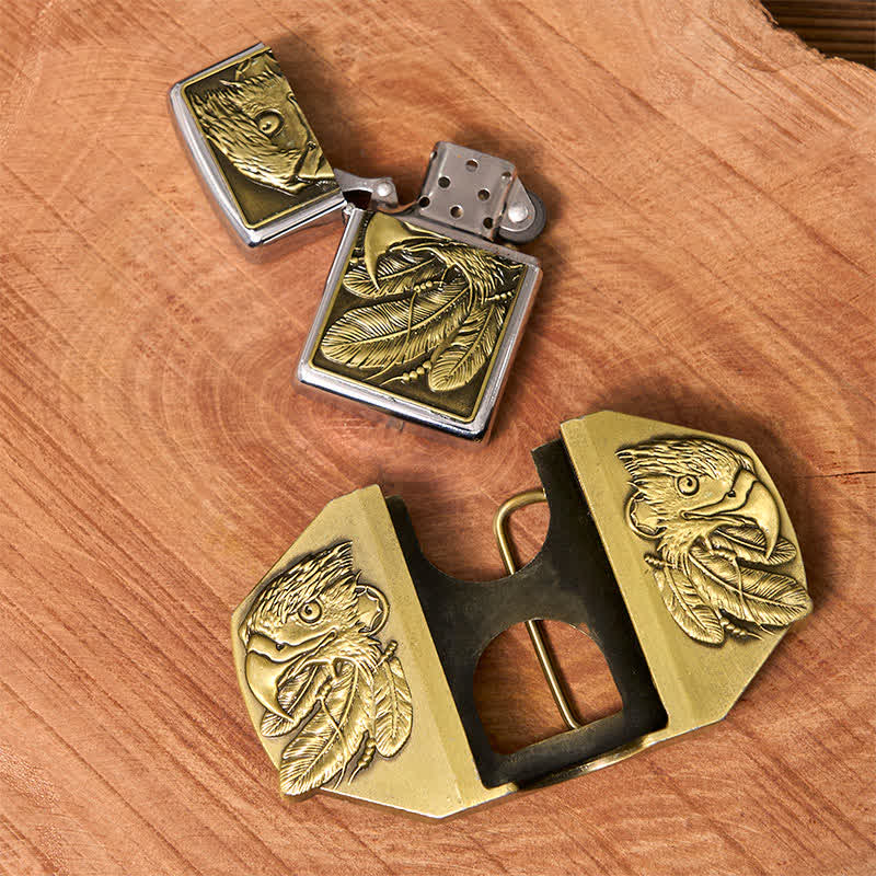 Cinturón de cuero con triple águila de bronce para hombre con encendedor oculto