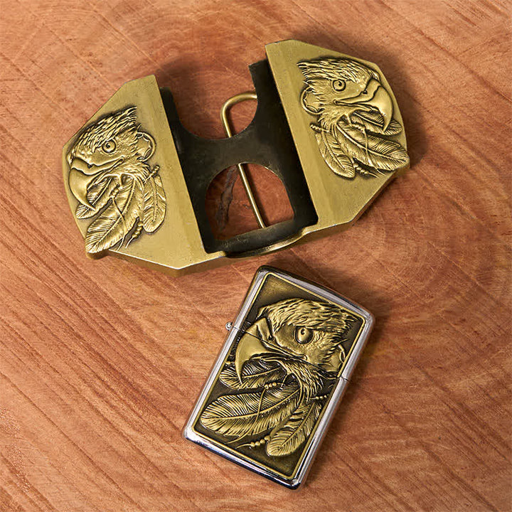 Cinturón de cuero con triple águila de bronce para hombre con encendedor oculto