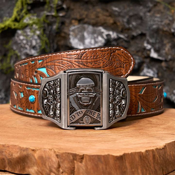 Cinturón de cuero con forma de calavera para hombre con encendedor oculto