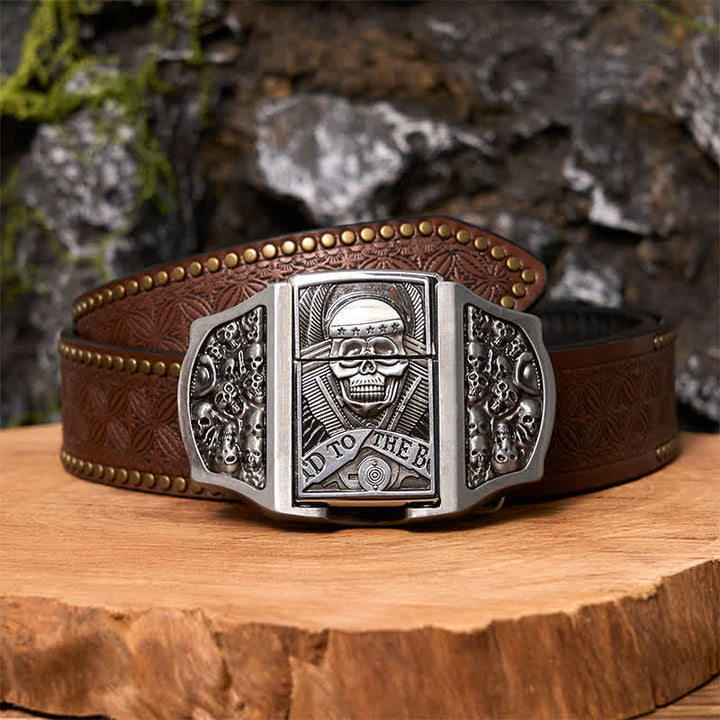 Cinturón de cuero con forma de calavera para hombre con encendedor oculto