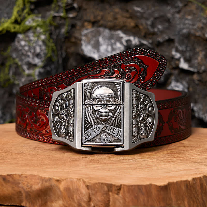 Cinturón de cuero con forma de calavera para hombre con encendedor oculto