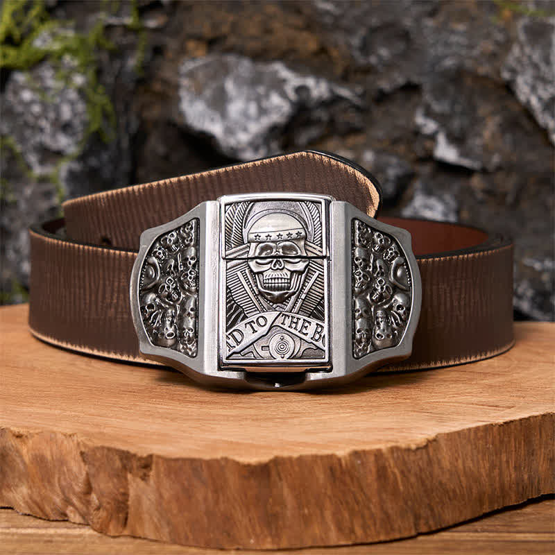 Cinturón de cuero con forma de calavera para hombre con encendedor oculto