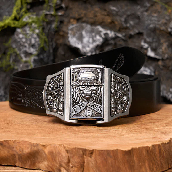 Cinturón de cuero con forma de calavera para hombre con encendedor oculto