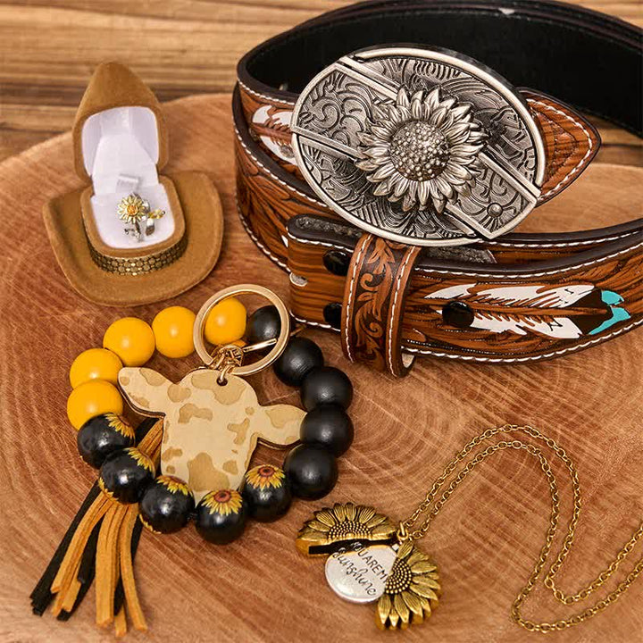 Conjunto de collar y pulsera con hebilla de cinturón y cuchillo oculto con temática de girasol