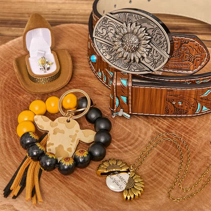 Conjunto de collar y pulsera con hebilla de cinturón y cuchillo oculto con temática de girasol
