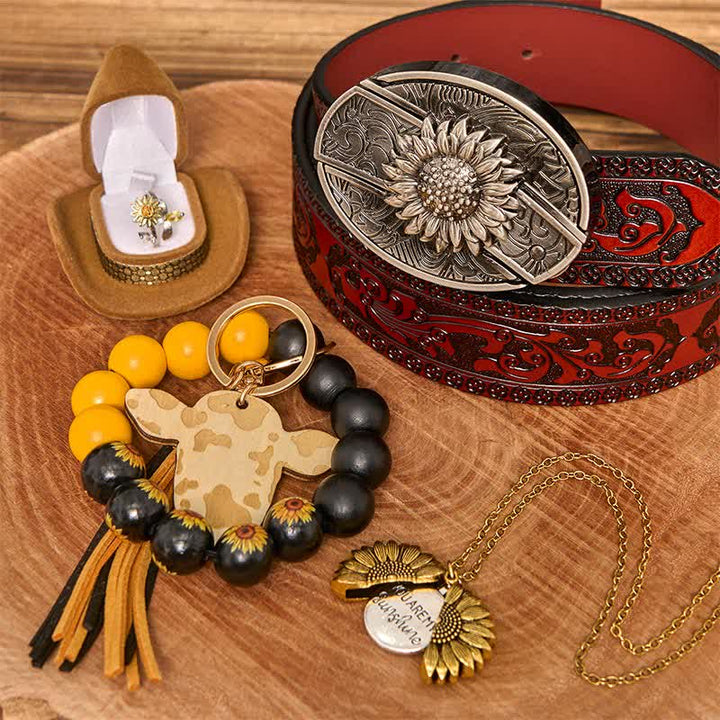 Conjunto de collar y pulsera con hebilla de cinturón y cuchillo oculto con temática de girasol