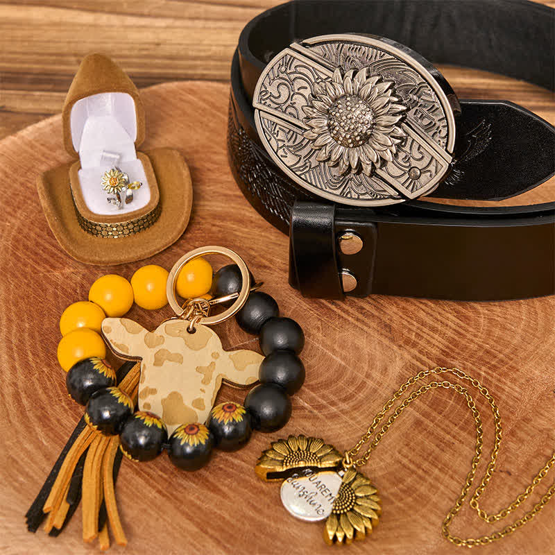 Conjunto de collar y pulsera con hebilla de cinturón y cuchillo oculto con temática de girasol