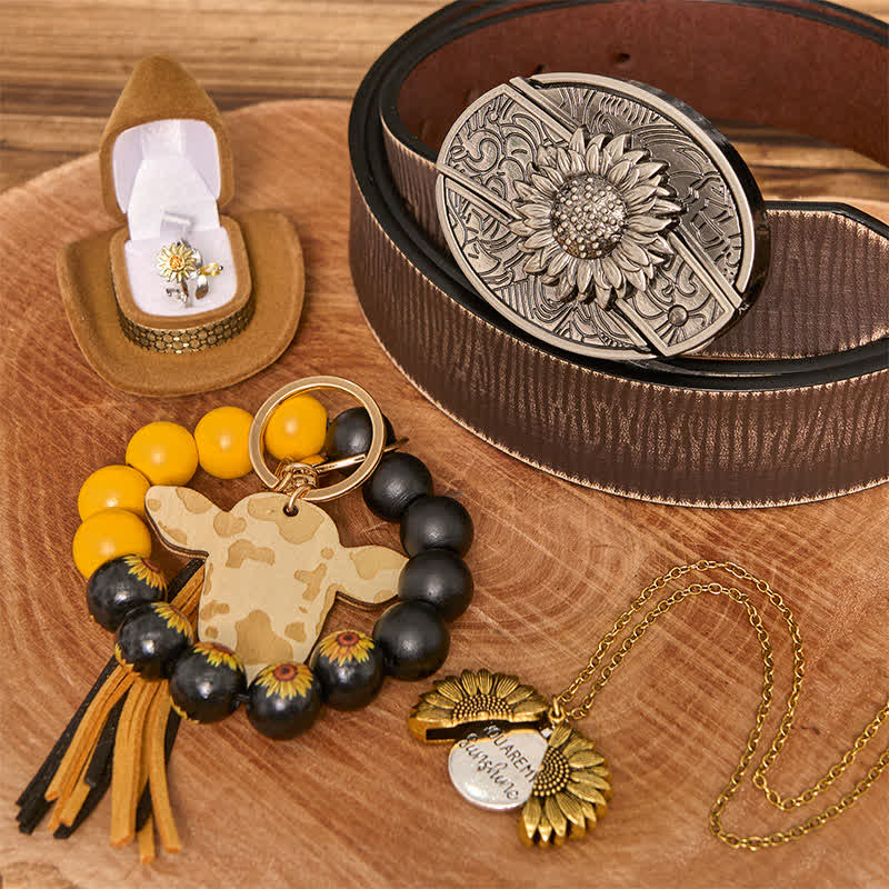 Conjunto de collar y pulsera con hebilla de cinturón y cuchillo oculto con temática de girasol