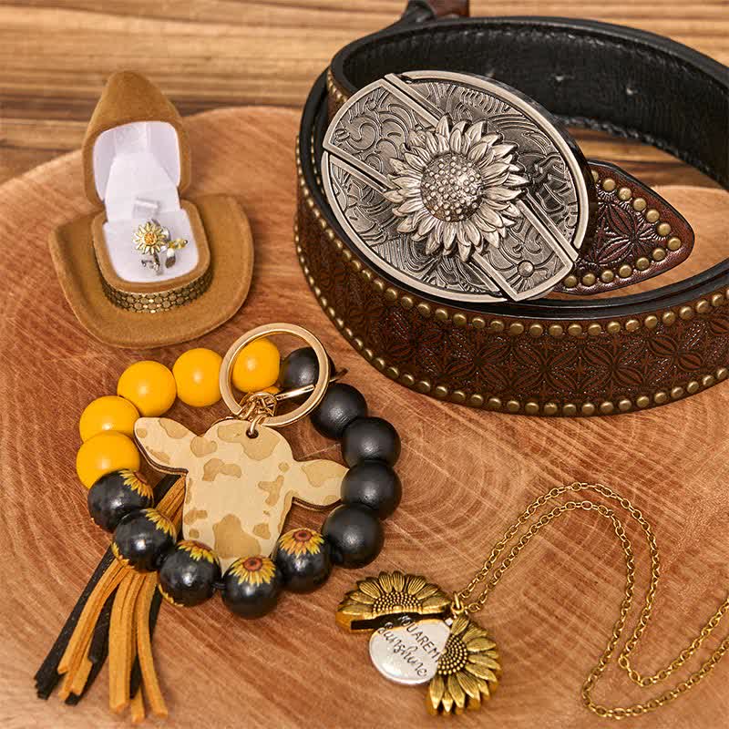 Conjunto de collar y pulsera con hebilla de cinturón y cuchillo oculto con temática de girasol
