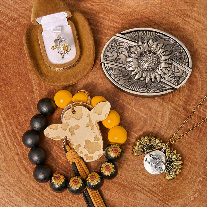 Conjunto de collar y pulsera con hebilla de cinturón y cuchillo oculto con temática de girasol