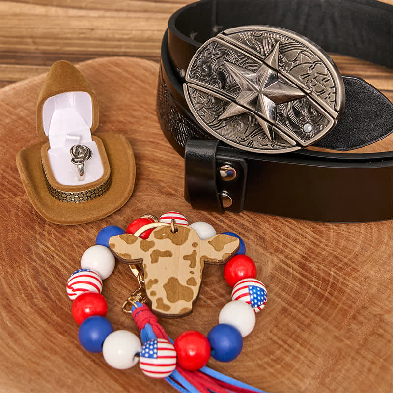Conjunto de collar y pulsera con hebilla de cinturón y cuchillo oculto de estrella DIY con bandera estadounidense