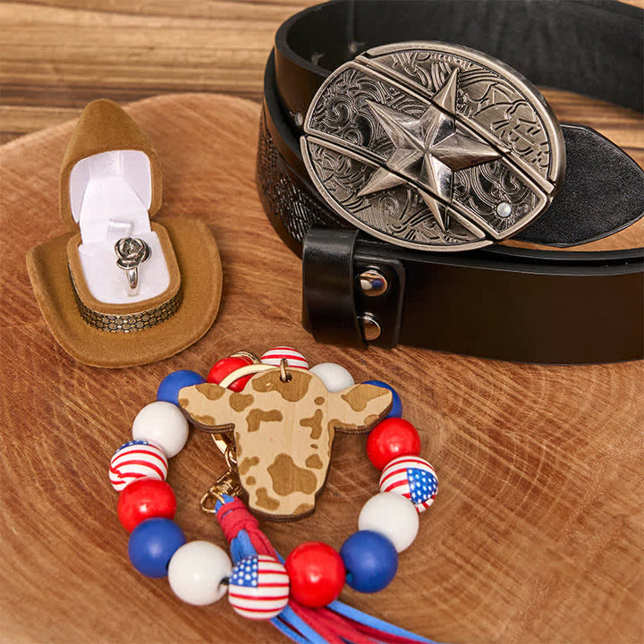 Conjunto de collar y pulsera con hebilla de cinturón y cuchillo oculto de estrella DIY con bandera estadounidense