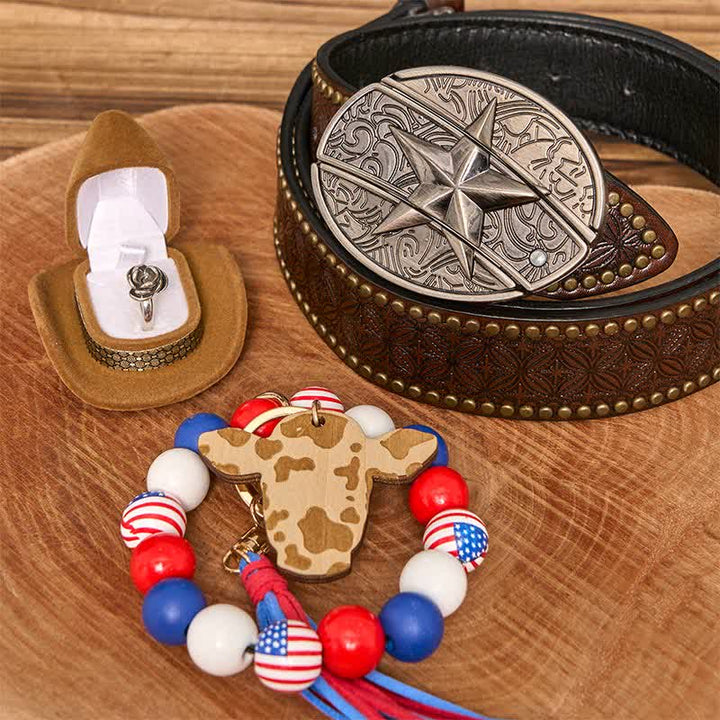 Conjunto de collar y pulsera con hebilla de cinturón y cuchillo oculto de estrella DIY con bandera estadounidense