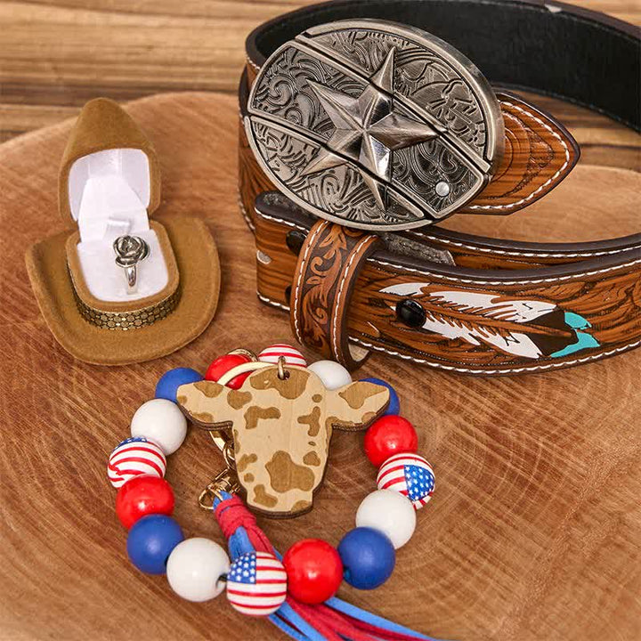 Conjunto de collar y pulsera con hebilla de cinturón y cuchillo oculto de estrella DIY con bandera estadounidense