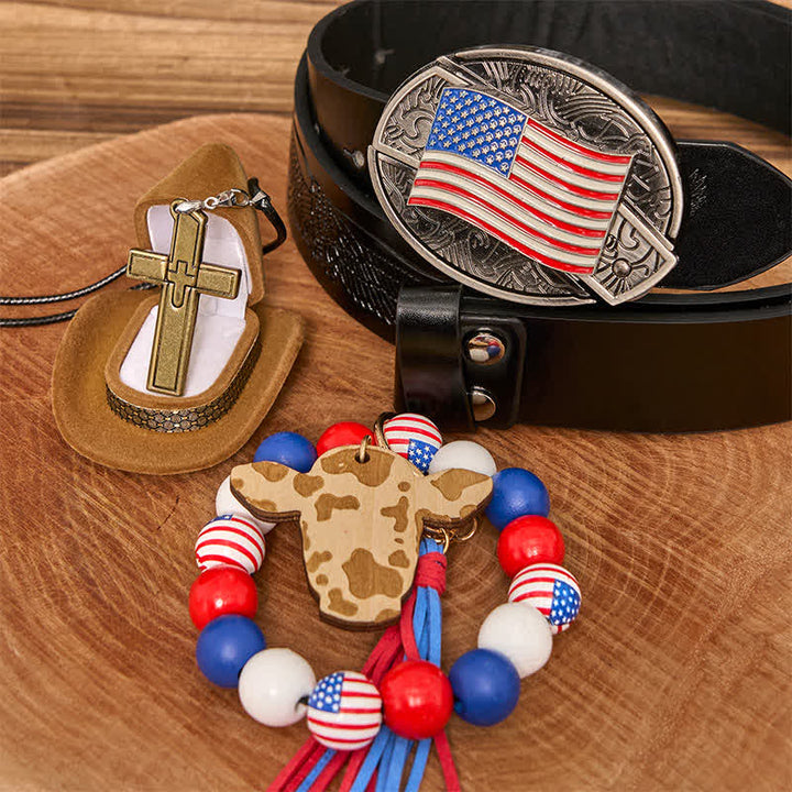 Conjunto de pulsera y collar con cruz y cuchillo oculto con bandera estadounidense