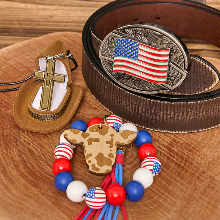 Conjunto de pulsera y collar con cruz y cuchillo oculto con bandera estadounidense