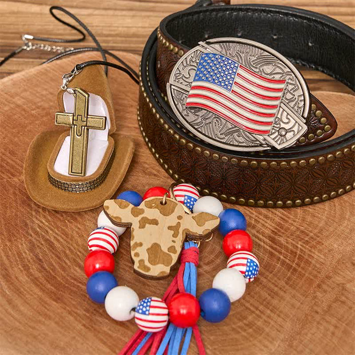 Conjunto de pulsera y collar con cruz y cuchillo oculto con bandera estadounidense