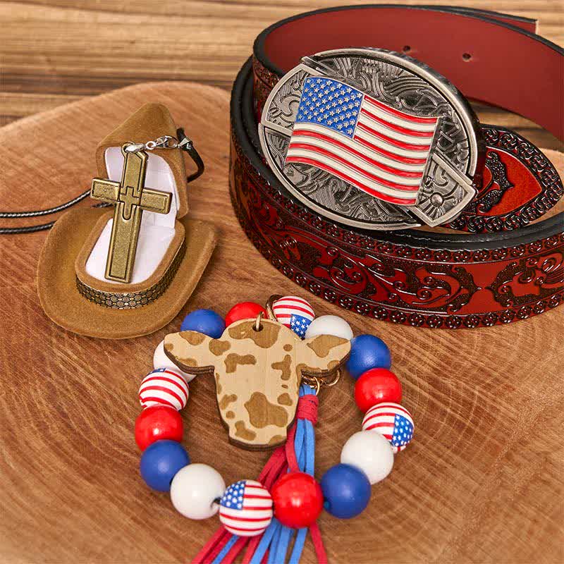 Conjunto de pulsera y collar con cruz y cuchillo oculto con bandera estadounidense
