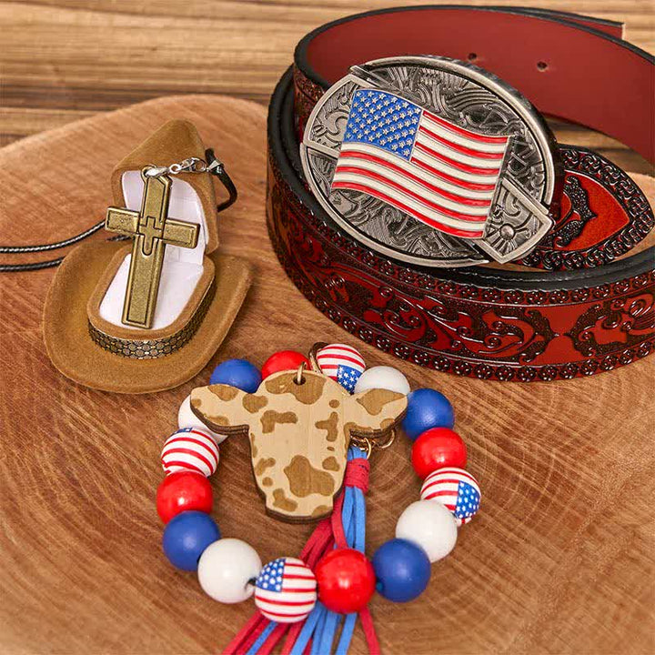 Conjunto de pulsera y collar con cruz y cuchillo oculto con bandera estadounidense
