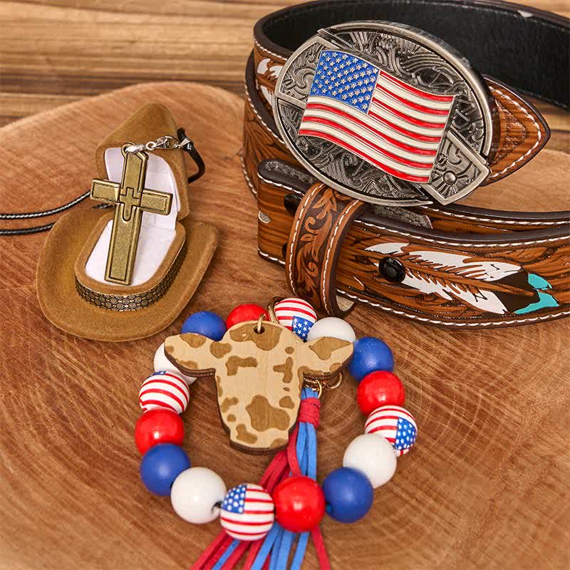 Conjunto de pulsera y collar con cruz y cuchillo oculto con bandera estadounidense