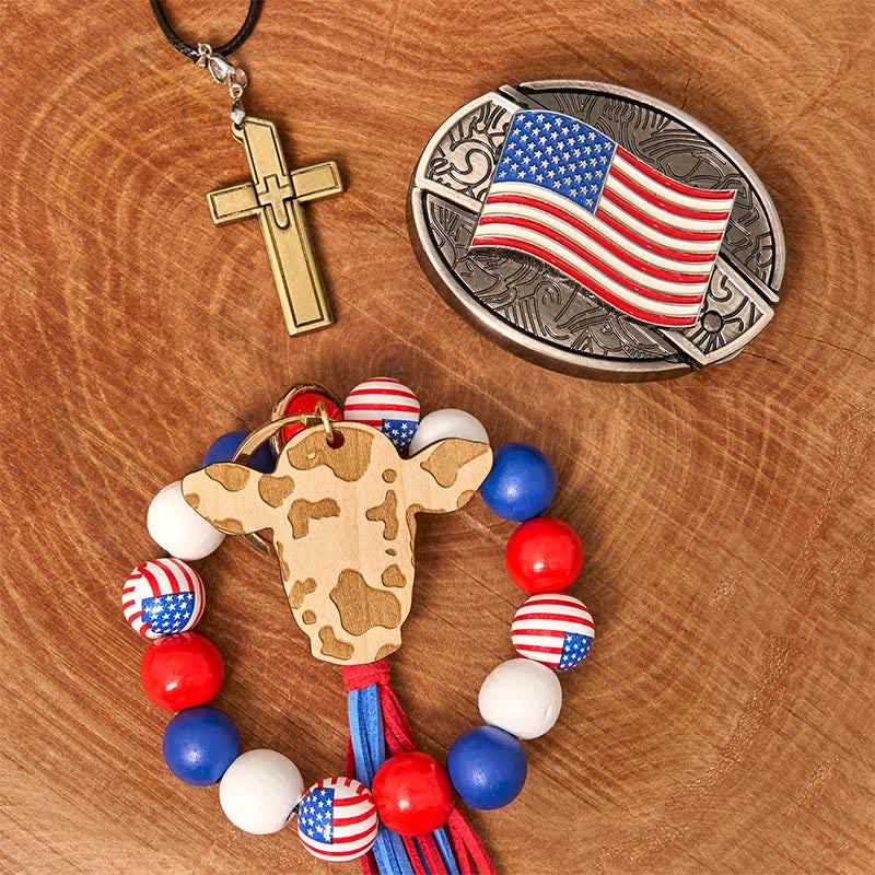 Conjunto de pulsera y collar con cruz y cuchillo oculto con bandera estadounidense