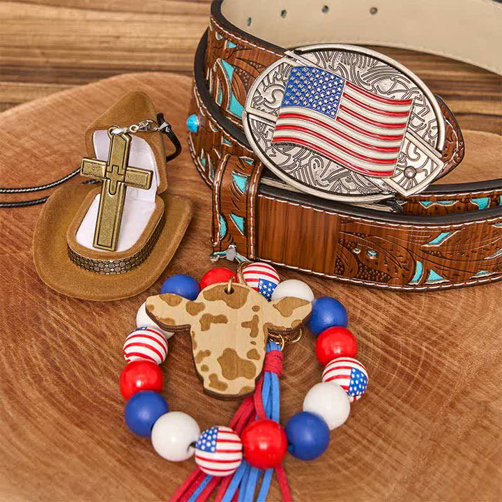 Conjunto de pulsera y collar con cruz y cuchillo oculto con bandera estadounidense