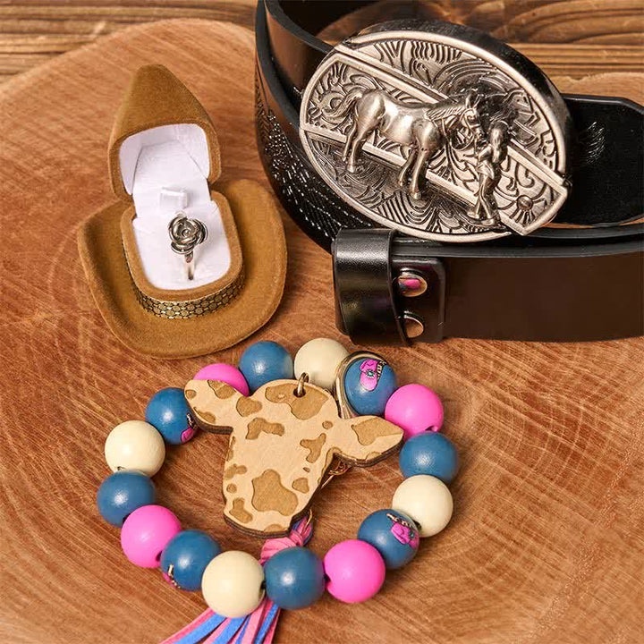 Conjunto de pulsera de cuentas de madera con hebilla de cinturón y cuchillo oculto para vaquera