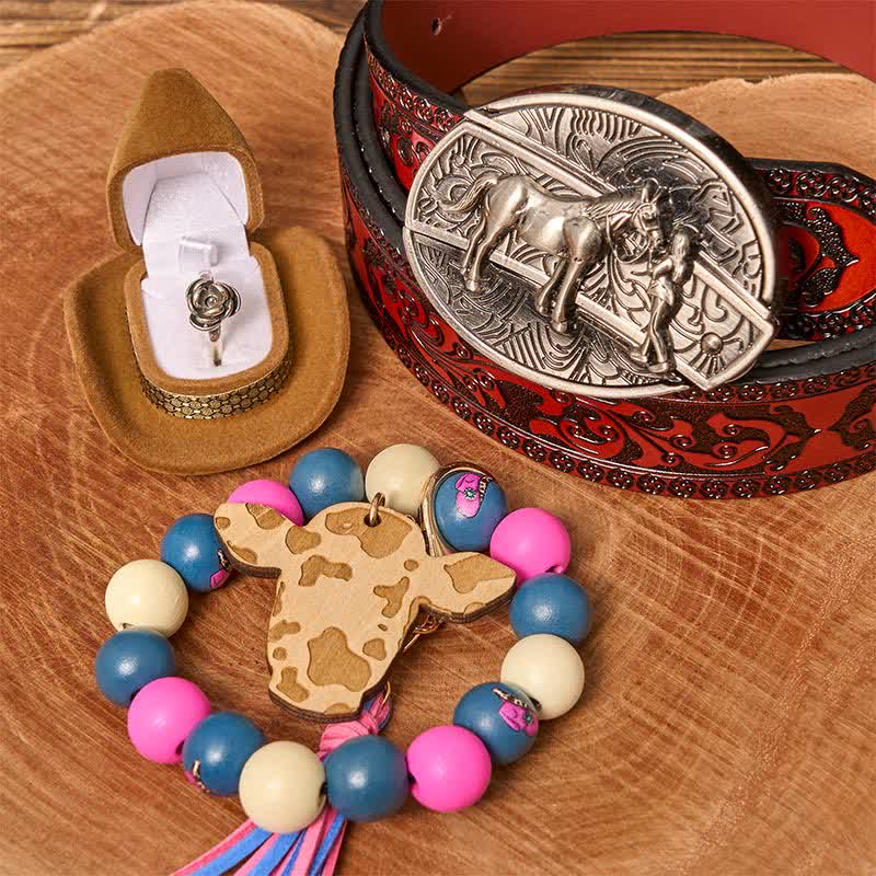 Conjunto de pulsera de cuentas de madera con hebilla de cinturón y cuchillo oculto para vaquera