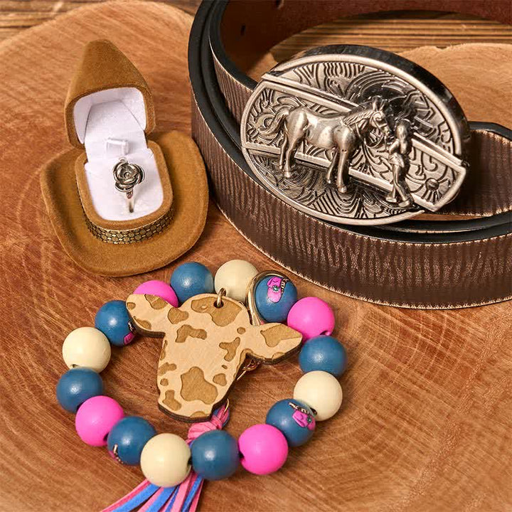 Conjunto de pulsera de cuentas de madera con hebilla de cinturón y cuchillo oculto para vaquera