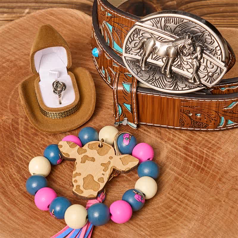 Conjunto de pulsera de cuentas de madera con hebilla de cinturón y cuchillo oculto para vaquera