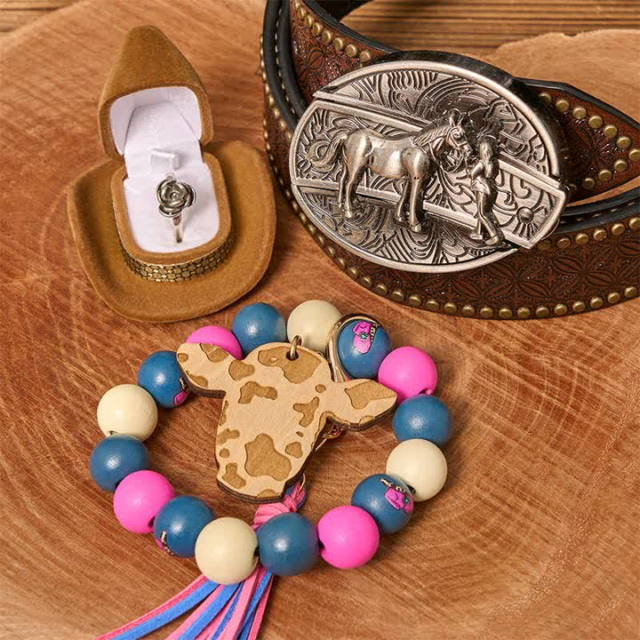 Conjunto de pulsera de cuentas de madera con hebilla de cinturón y cuchillo oculto para vaquera