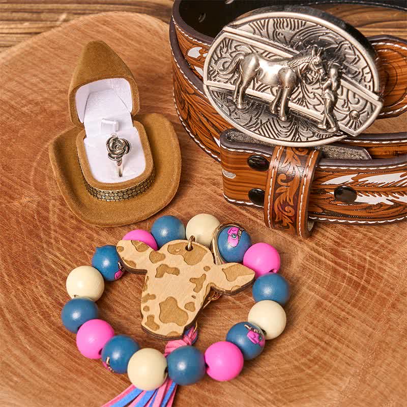 Conjunto de pulsera de cuentas de madera con hebilla de cinturón y cuchillo oculto para vaquera
