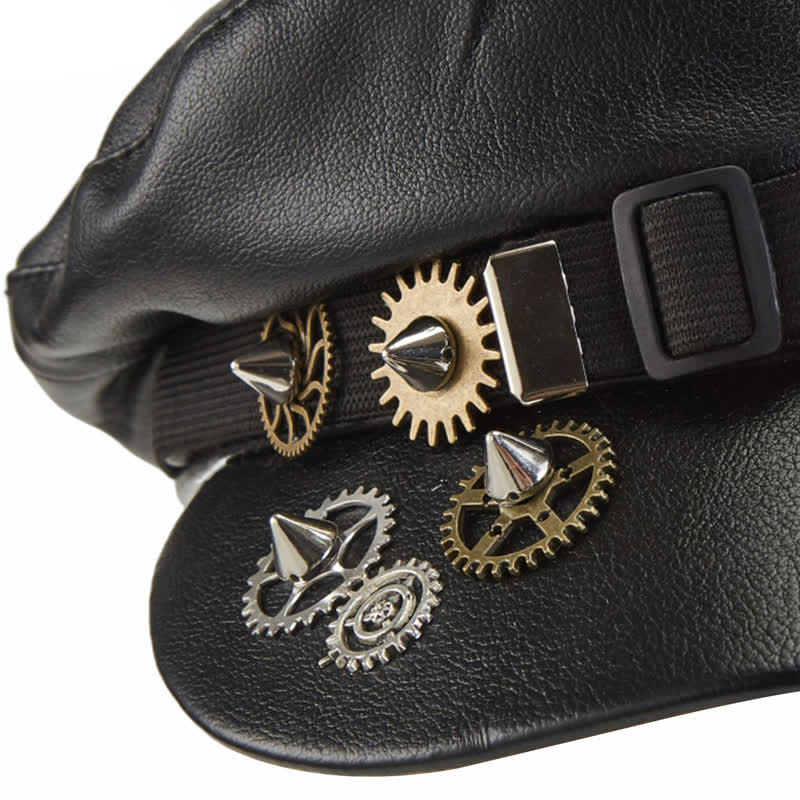 Boina de cuero negra con gafas Steampunk Gear