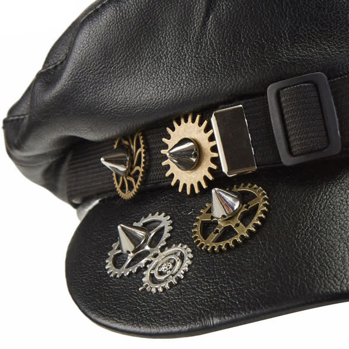 Boina de cuero negra con gafas Steampunk Gear
