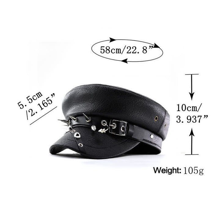 Gorra azul marino con remaches punk para mujer, boina de cuero negra