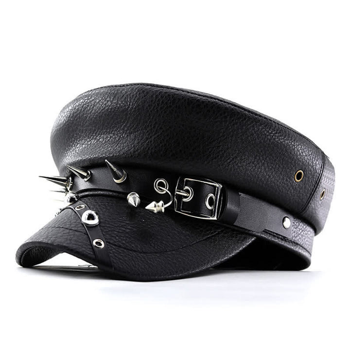 Gorra azul marino con remaches punk para mujer, boina de cuero negra