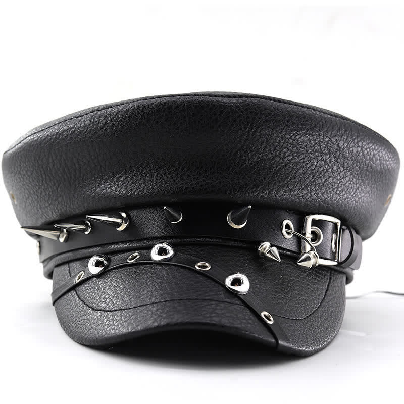 Gorra azul marino con remaches punk para mujer, boina de cuero negra