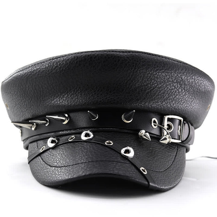 Gorra azul marino con remaches punk para mujer, boina de cuero negra