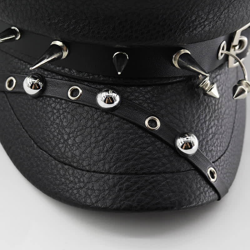 Gorra azul marino con remaches punk para mujer, boina de cuero negra