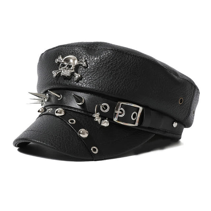 Gorra estilo boina de cuero negro con remaches de calavera para mujer, estilo azul marino