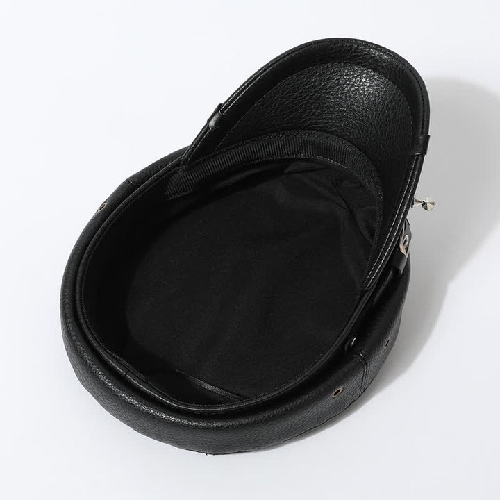 Gorra estilo boina de cuero negro con remaches de calavera para mujer, estilo azul marino